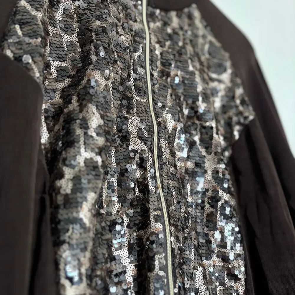 Chico’s Travelers Sequin Jacket Brown Animal Print Zip Up Size 3 (XL/16-18)